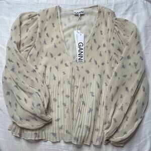 NWT Ganni Pleated Georgette Floral Blouse EU 40/ Large Women's Balloon Sleeves